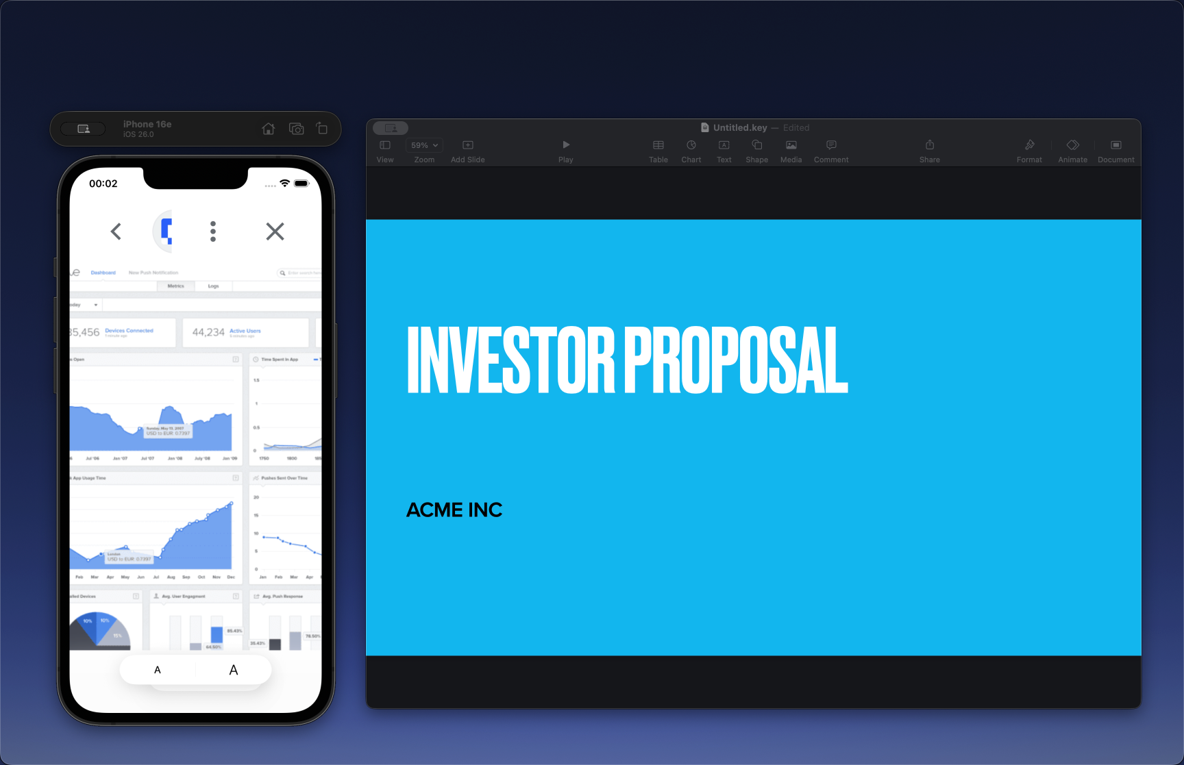 A polished shared view showing only the selected phone simulator and presentation slide.